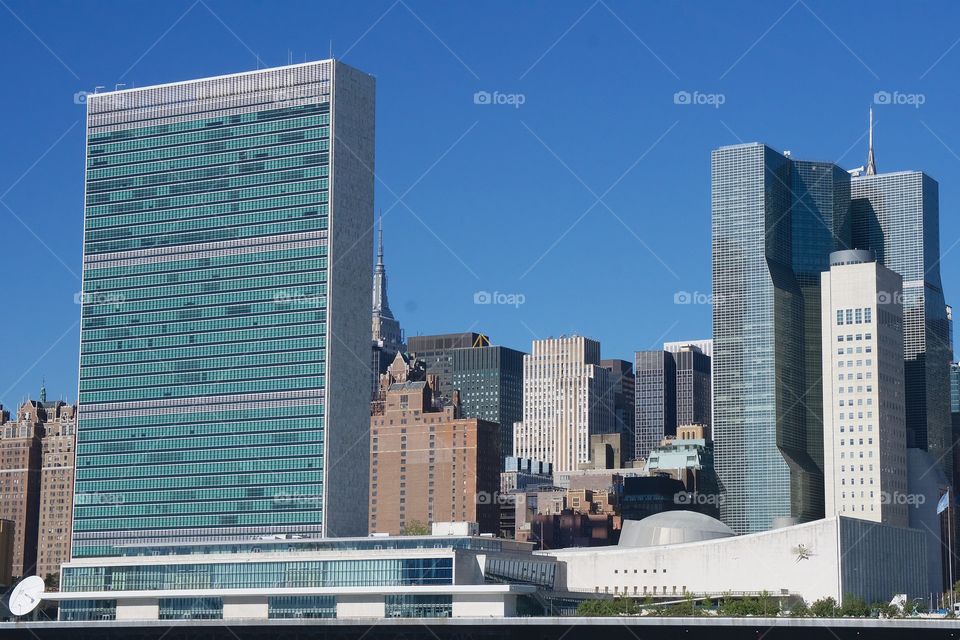A view of the United Nations complex and other Midtown Manhattan skyscrapers in New York City, USA.