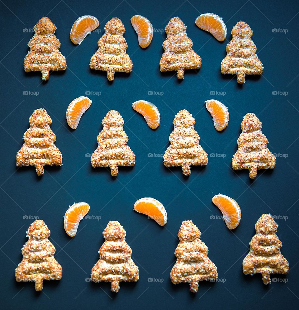 Sweet food flat lay with christmas tree cookie