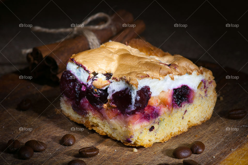 Close-up of homemade cake with whipped egg