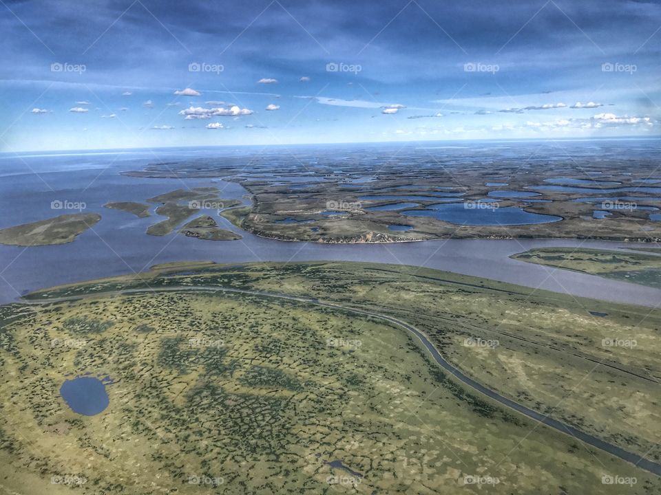 Broad ever-changing Mackenzie Delta feeding the Arctic Ocean located in the Northwest Territories, Canada. 