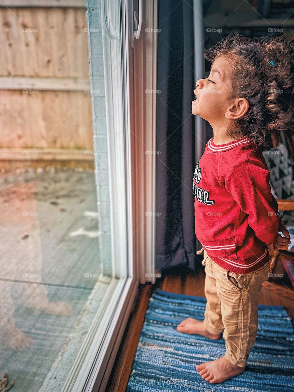 Child screaming at squirrels outside, little girl in front of glass sliding door, toddler wishing to be outside, toddler yells at nature, toddler girl loves the outdoors, toddler girl wants to go outside