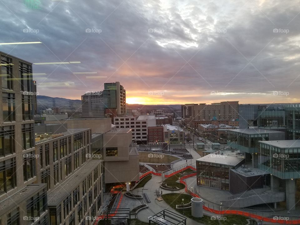 Boise, Idaho sunrise on the skyline (Simplot Company HQ)