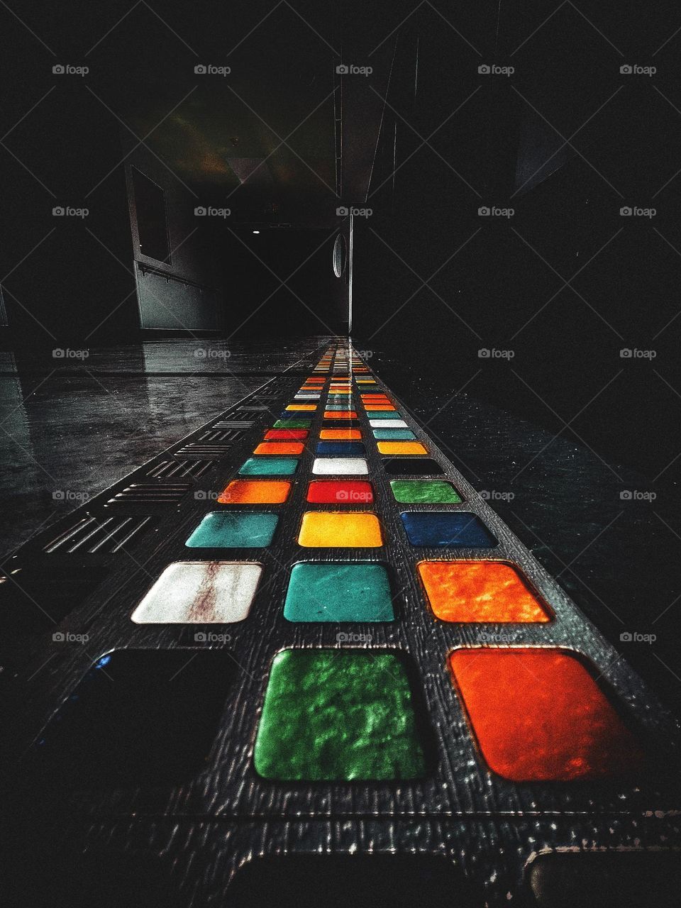 Floor ground level glass tile color colors colorful mood mood dark contrast square shape shot metal hospital design flooring tiles Perspective photo photography unique creative camera angle vantage point view dramatic effect positioning experiment