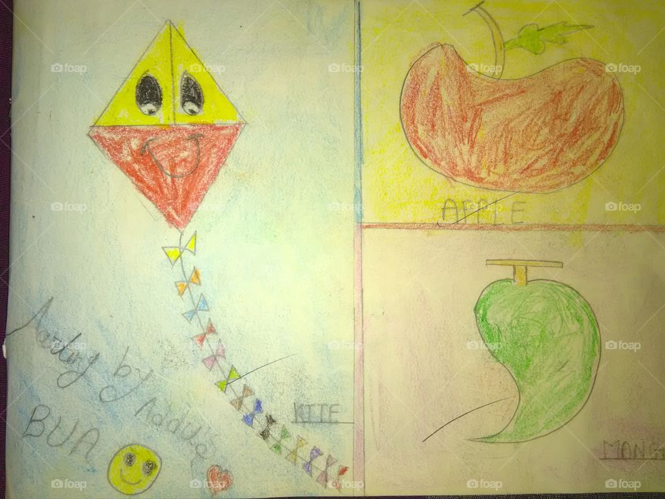 This sketch made my little son kit, apple and mango.