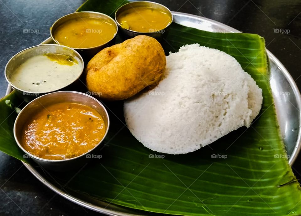 South Indian breakfast "Idli, Vada with Sambar and Chutney