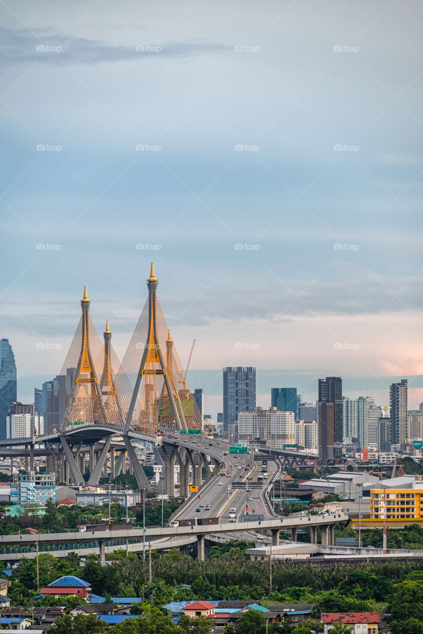 Beautiful scene of the famous Bhumibol bridge landmark in Thailand