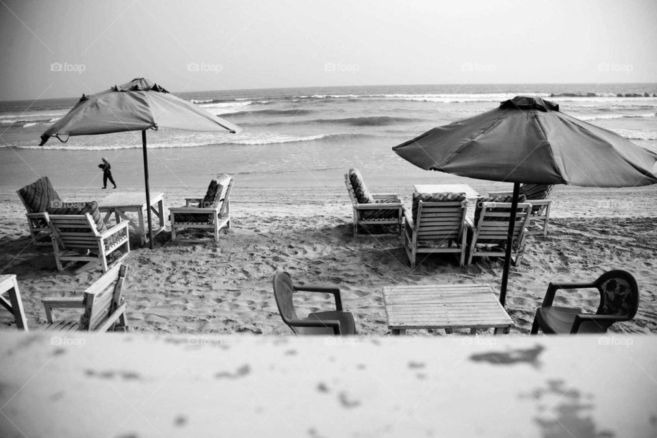 Beach, Monochrome, Sea, Umbrella, Chair