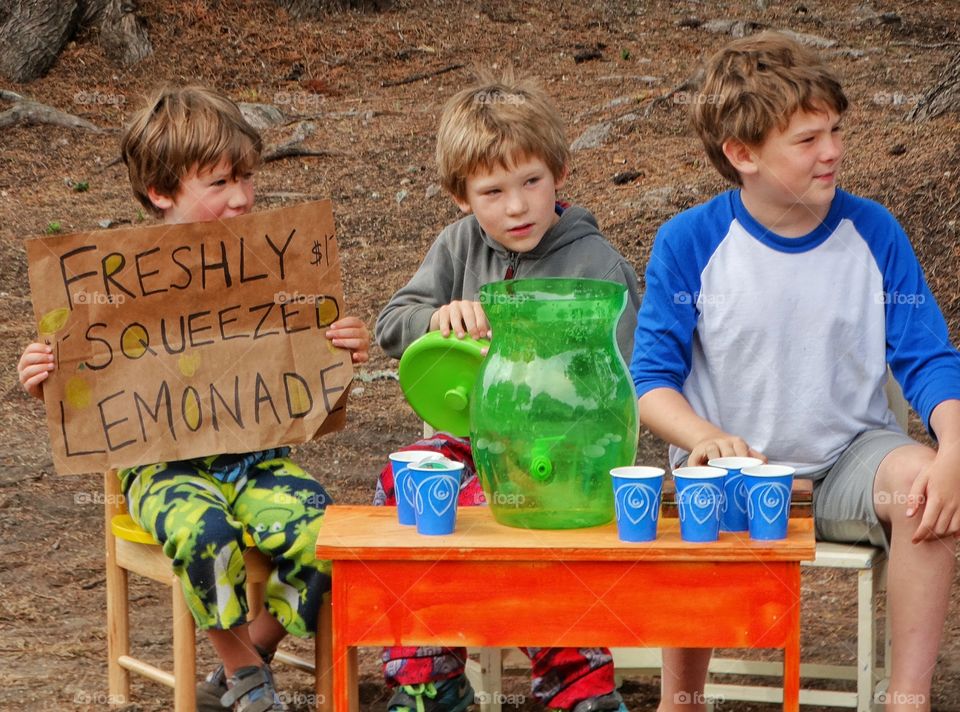 Childhood Lemonade Stand. Three Young Brothers Learning How To Run A Business With A Homemade Lemonade Stand
