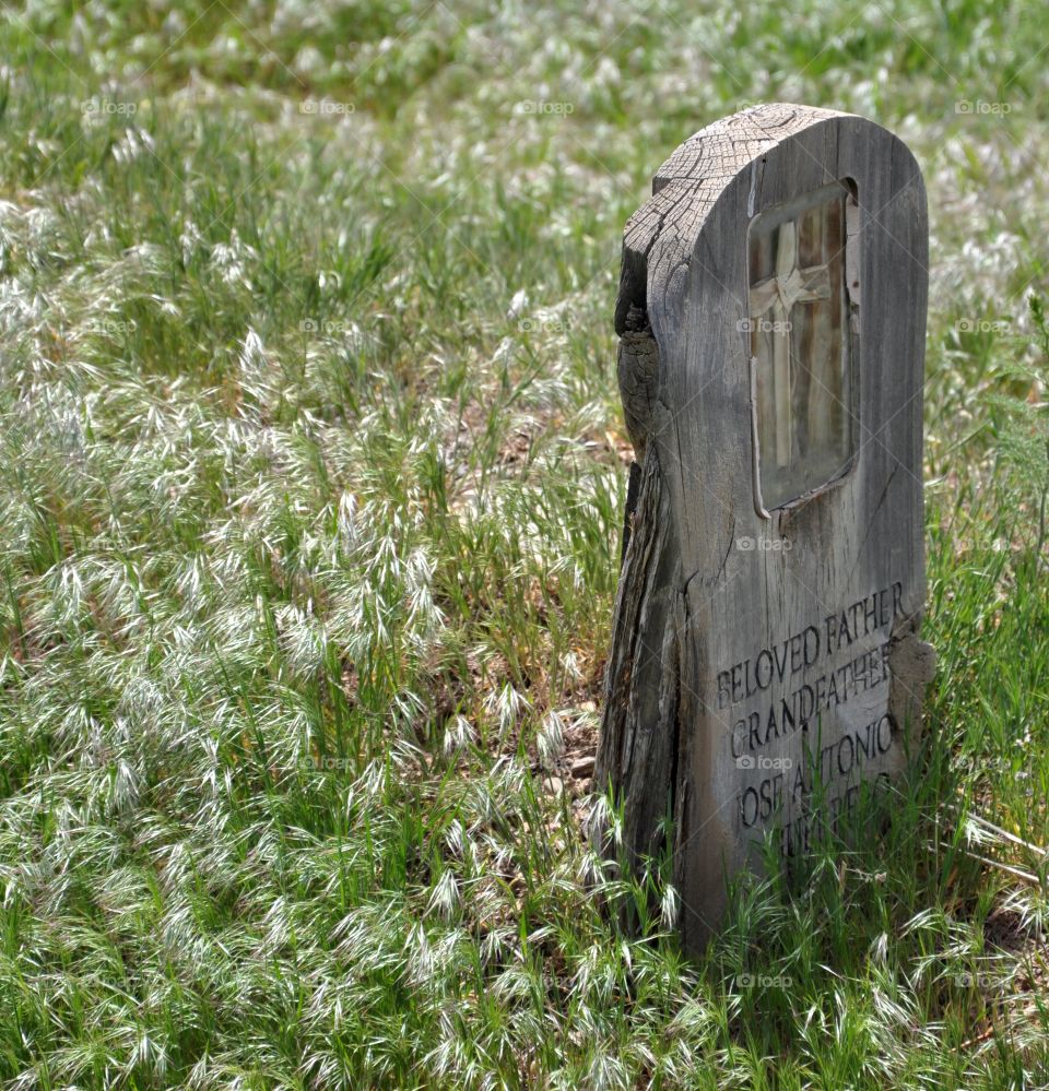Cemetery tombstone in a grass field 
