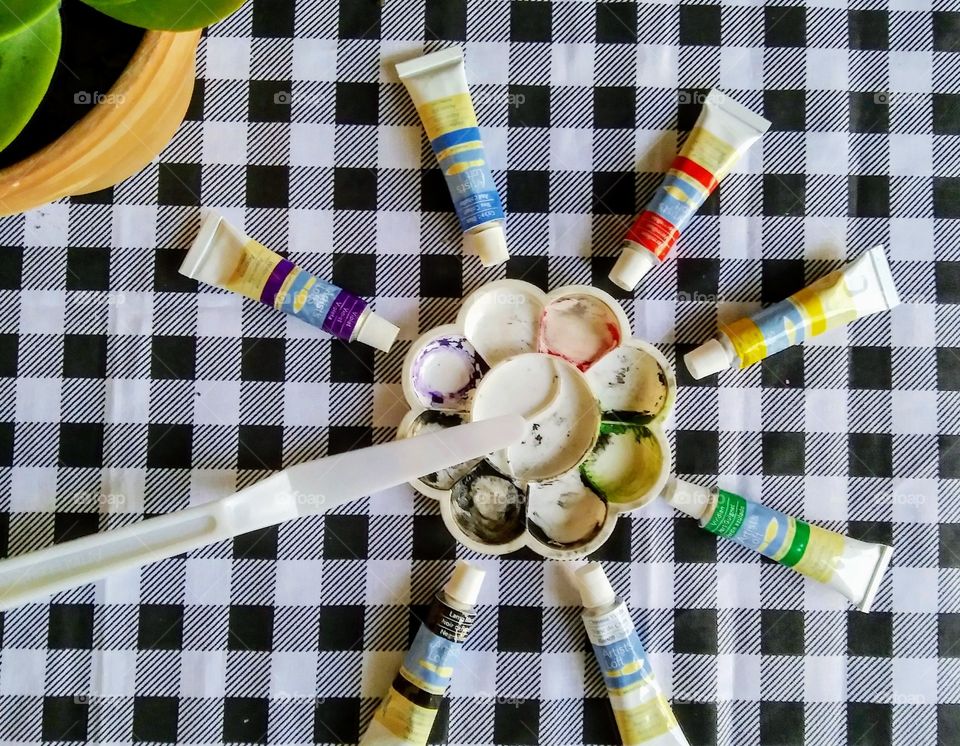 A flat lay of some of an artist's supplies to create a vivid masterpiece.