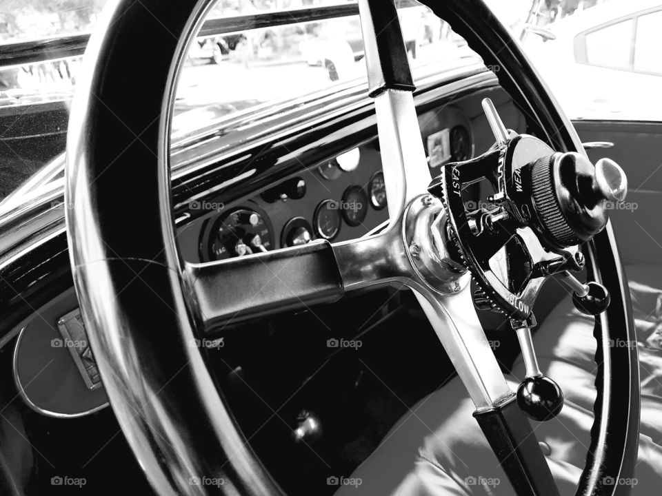 classic car interior black white