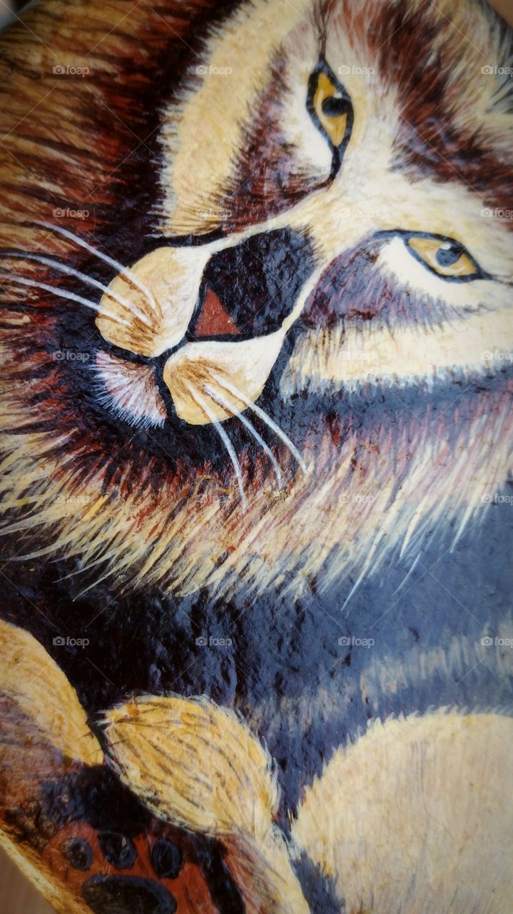 Lion painted on a large stone.