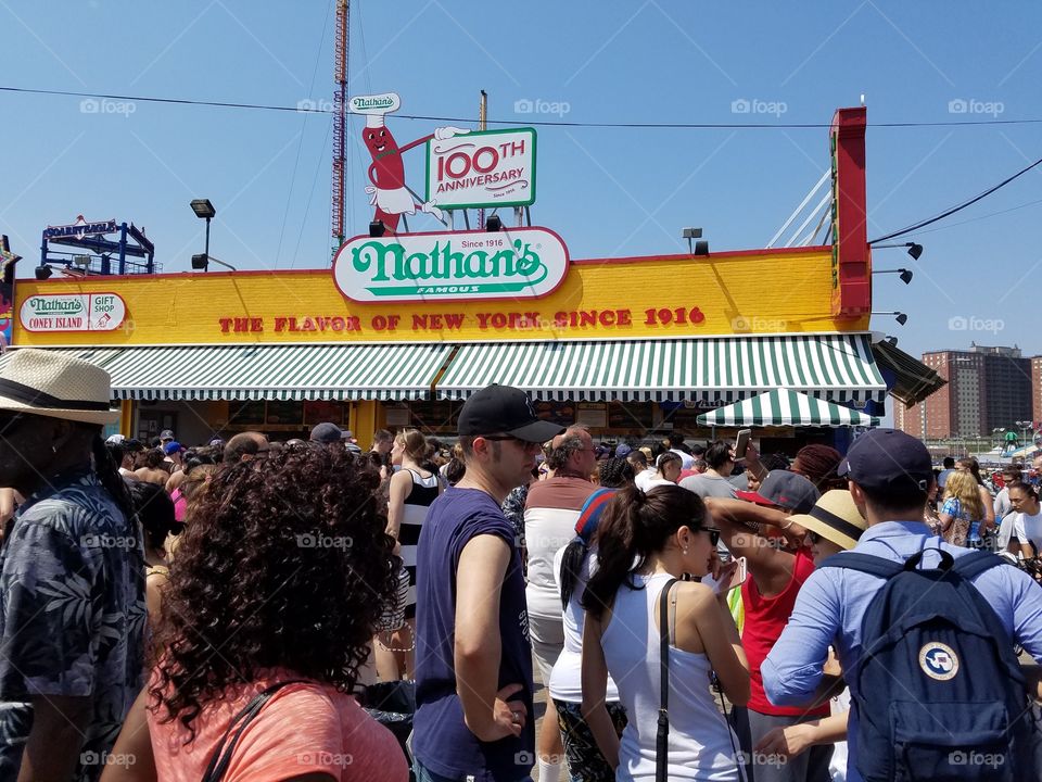 Line on a 5 cents hotdog at Nathan's 100th!