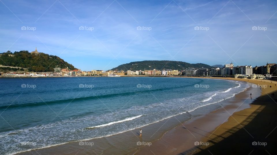 View of San Sebastián beach. Landscape of Playa de La Concha beach in San Sebastián, Spain