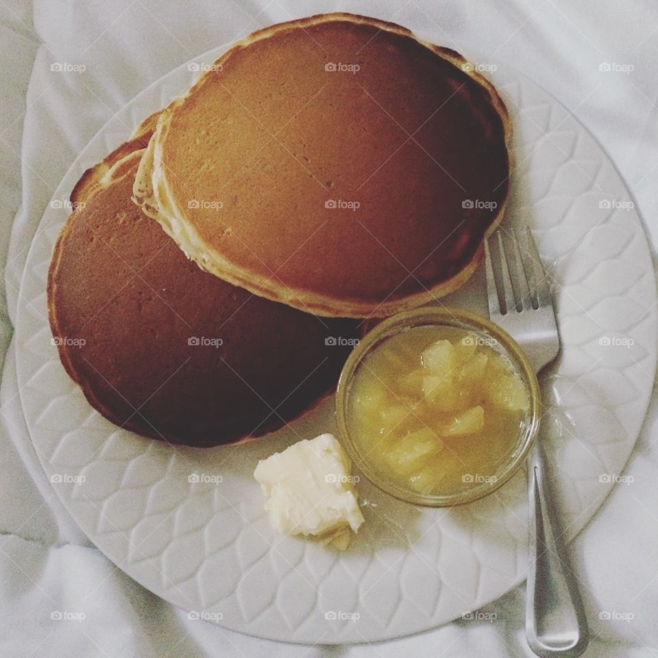 Pancakes. I'm not one to take pictures of my meals, but my hubby made me this for breakfast in bed. 