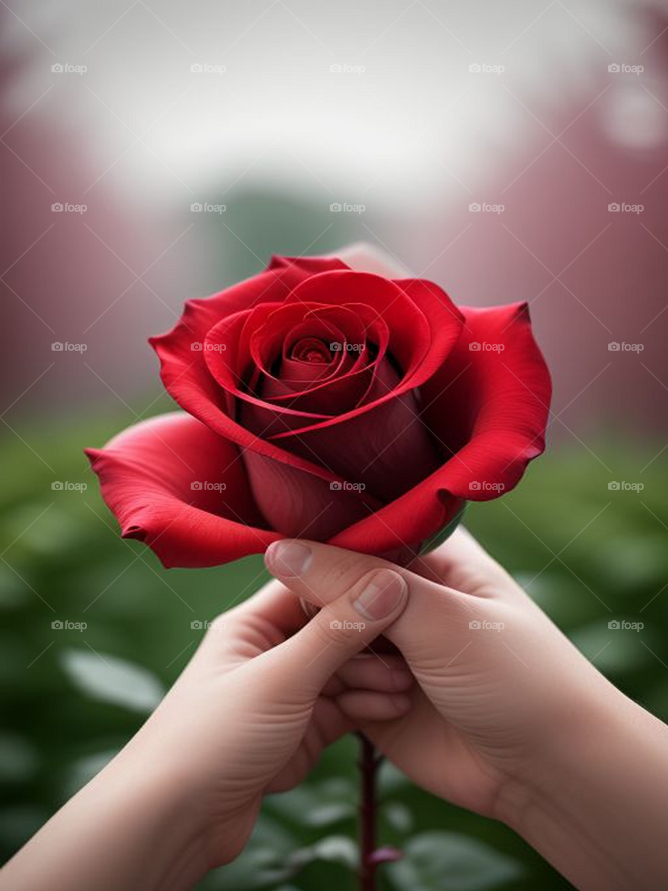 Beautiful red rose in hands