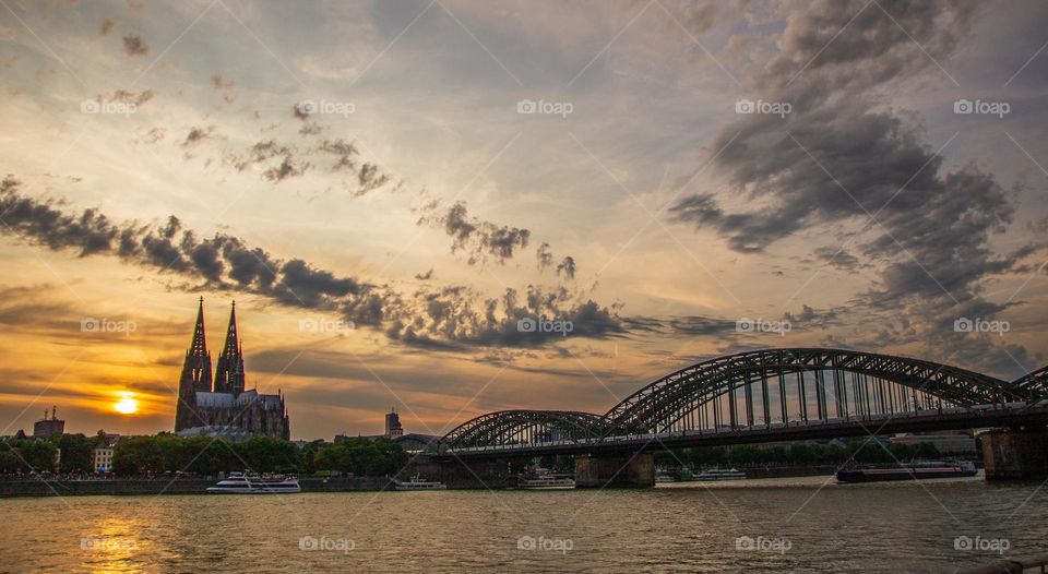 the Cathedral,the Rhine River and the Cityscape of Cologne NRW Germany Europe during the Sunset Timeline