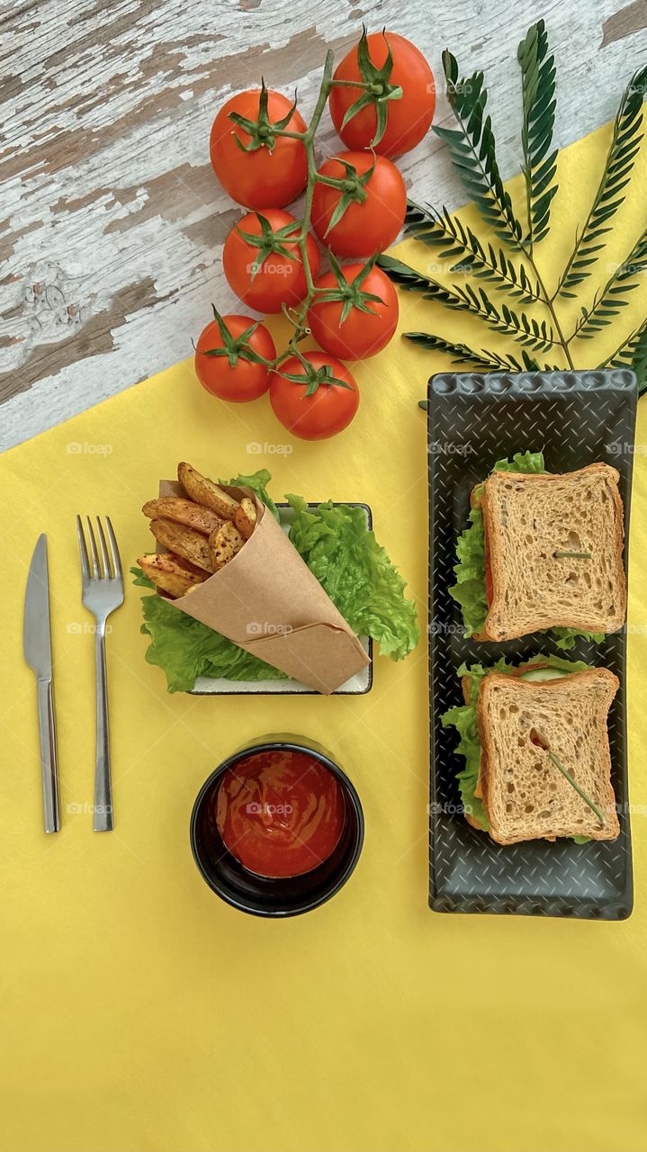 homemade fried potatoes and tomato ketchup
