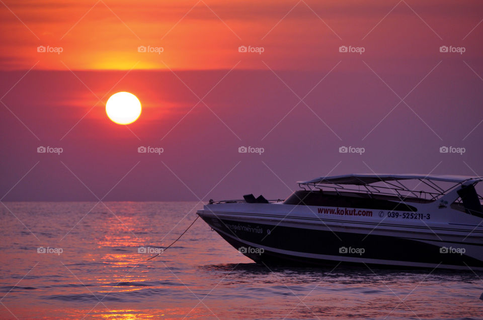sunset sun sea boat by piboon