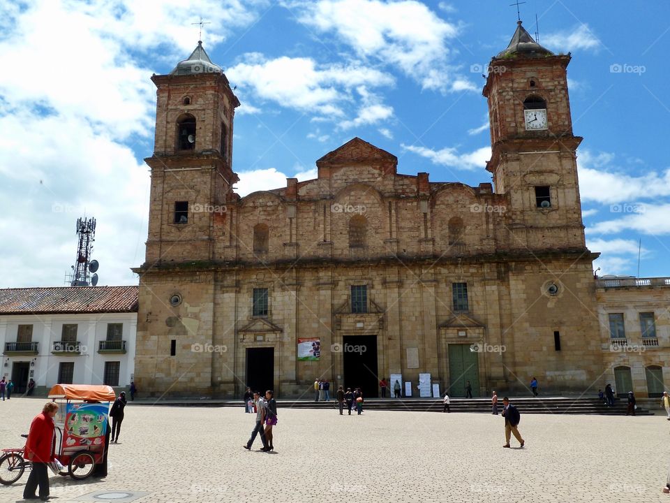 Catholic Church in Colombia with an ice cream cart parked out front