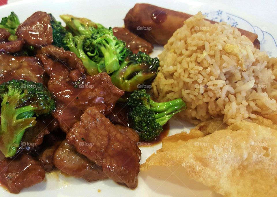 Beef with broccoli,  fried rice,  eggroll