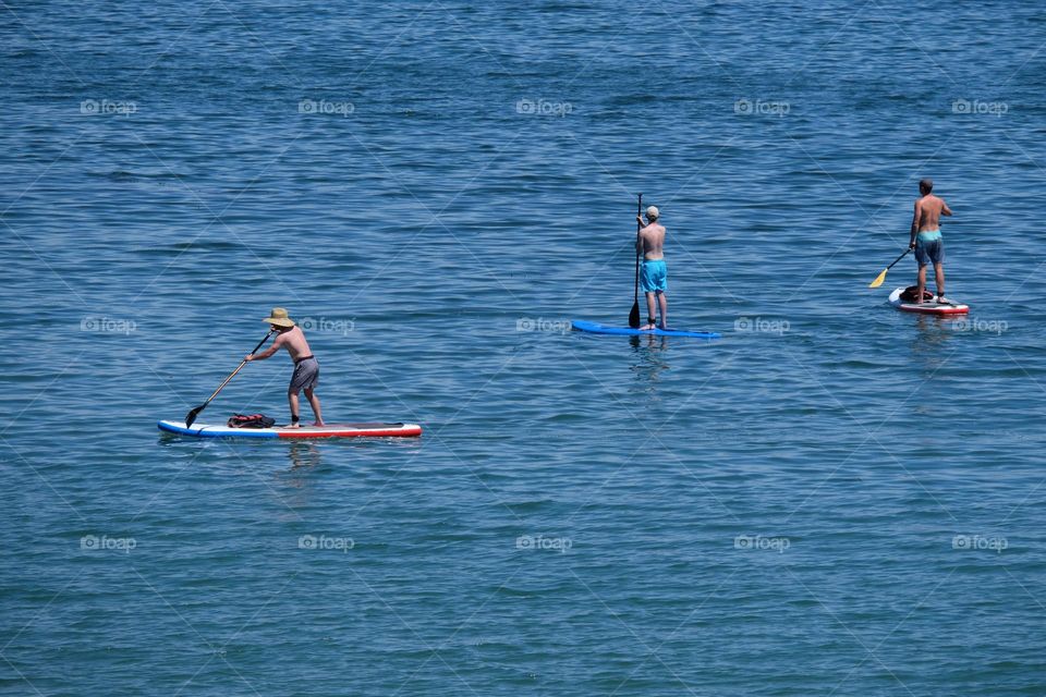 Paddle surfers enjoying the calm sea on a summer day.