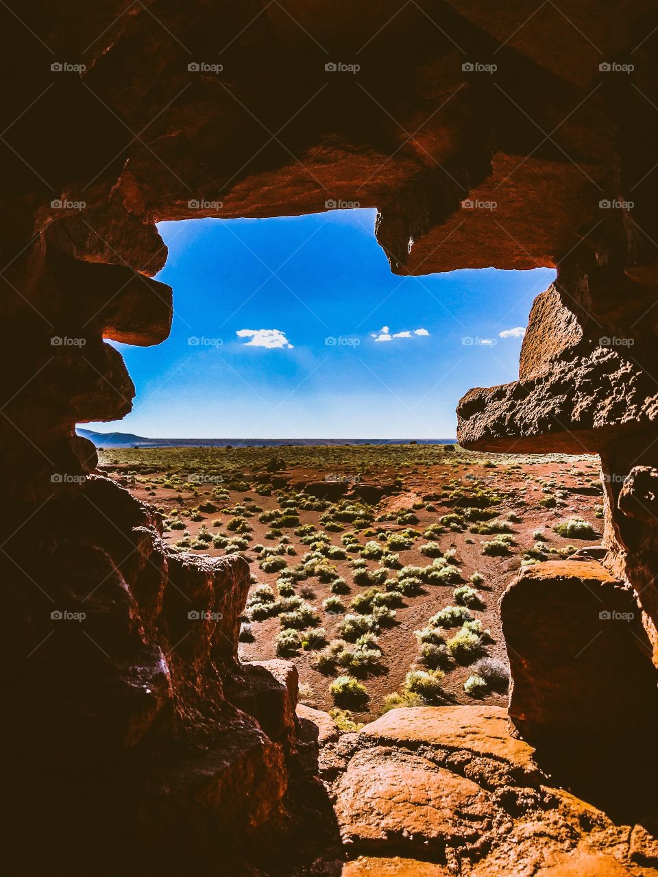 View of Arizona desert through the window of a Pueblo ruin