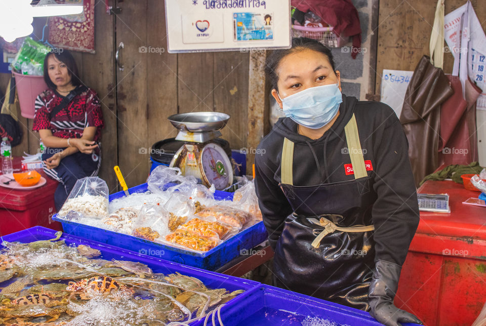 Seafood for Sale during the Covid 19 times at a Fish Market in Thailand Southeast Asia