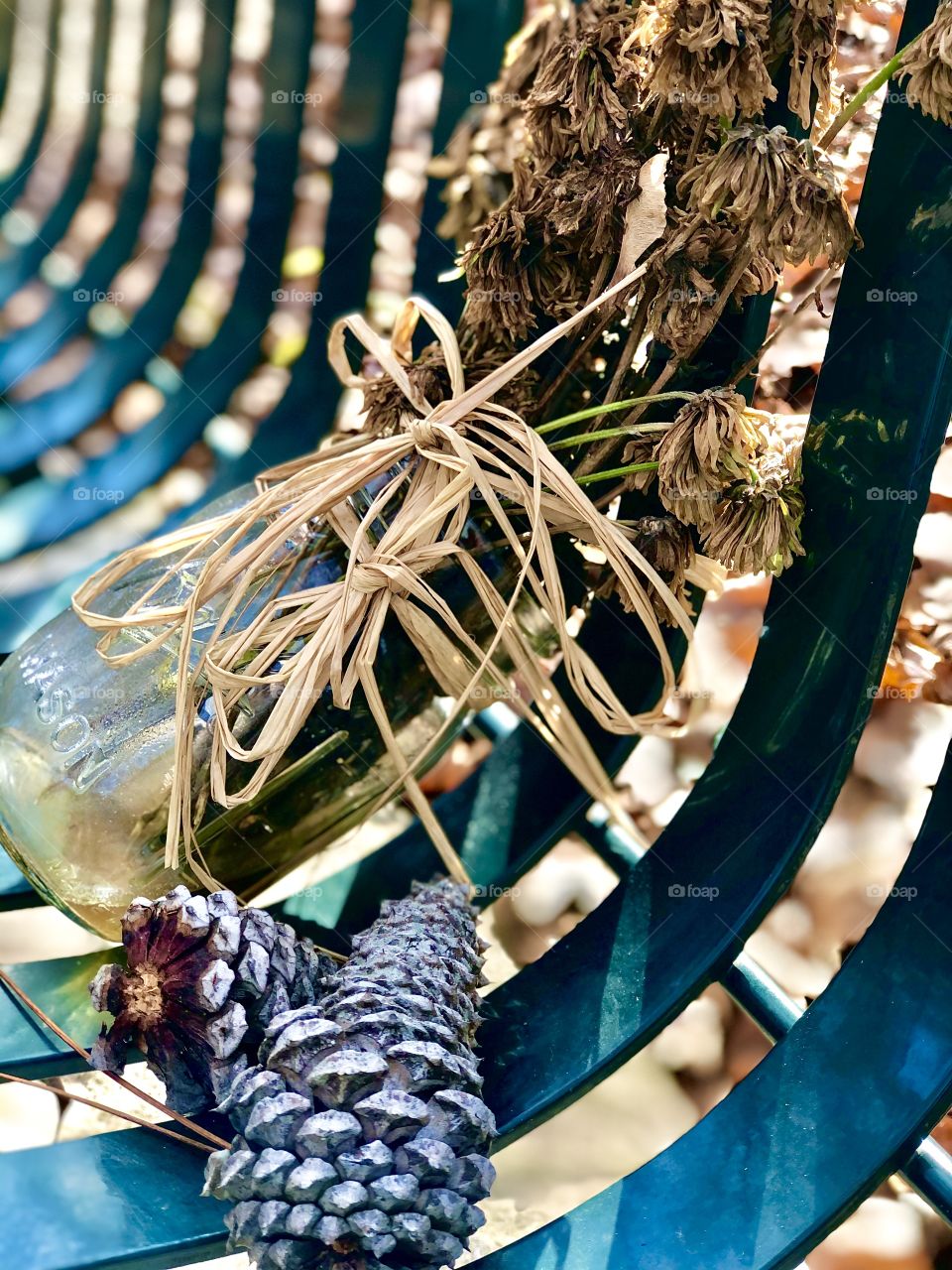 Abandoned flowers on park bench 