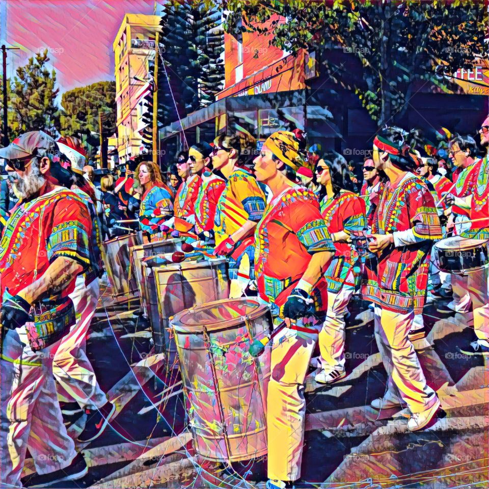 Poster Art - Drummers in carnival parade.