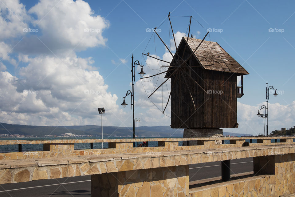 The wooden windmill on the isthmus to the old town, ancient city located in Burgas Province, major seaside resort on the Bulgarian Black Sea Coast