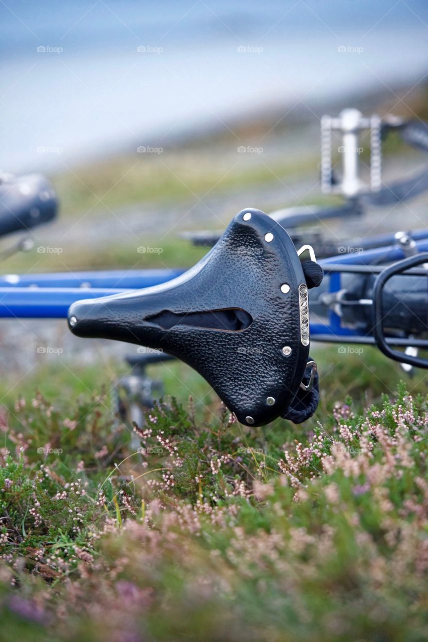 Bike laying on the ground . Blue bike with black leather seat laying in the grass.
