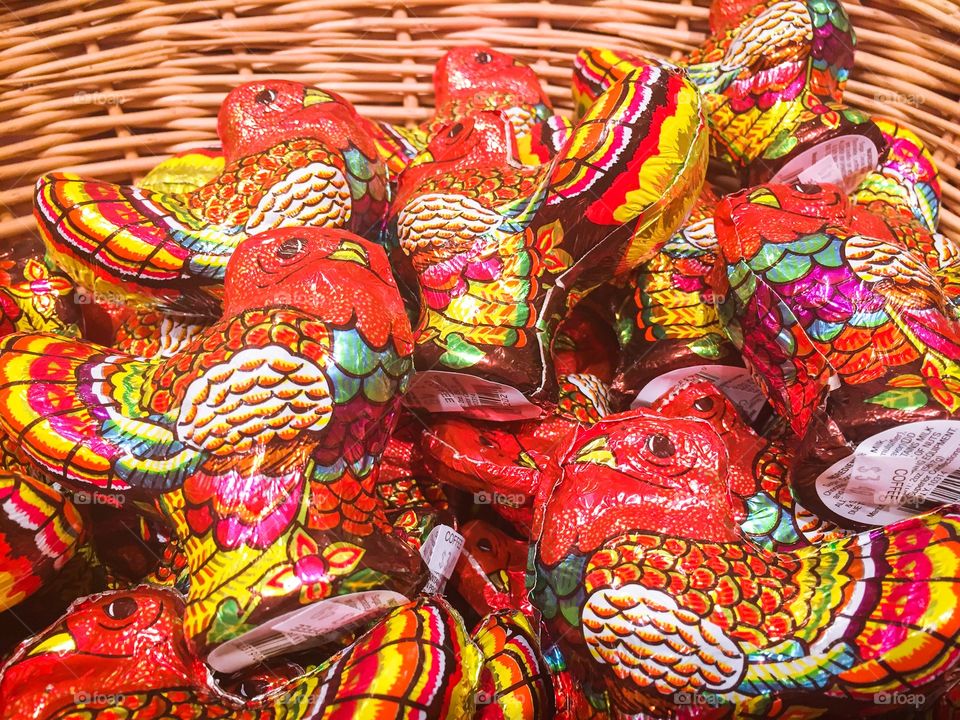 Thanksgiving candy. Colorful foil wrapped chocolate turkeys.