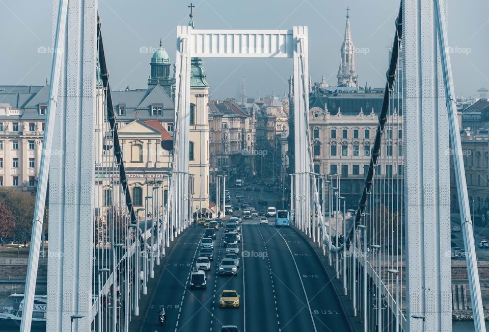 Cityscape of Budapest featuring Elisabeth bridge across Danube river.