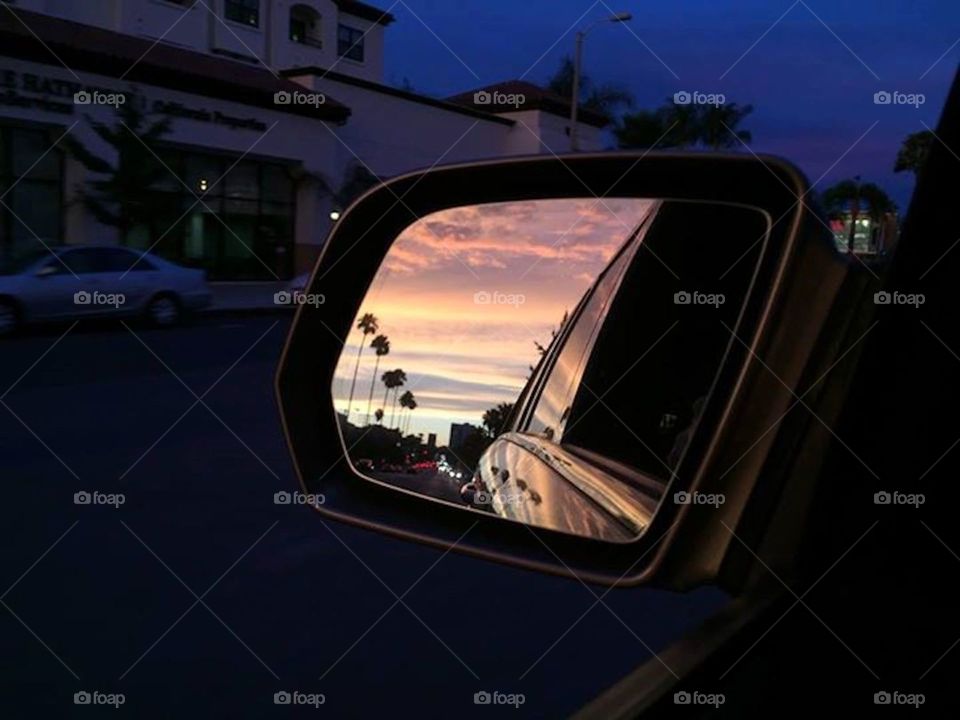 Sunset - rear view mirror. Tried a new technique - taking pictures through rear view mirror