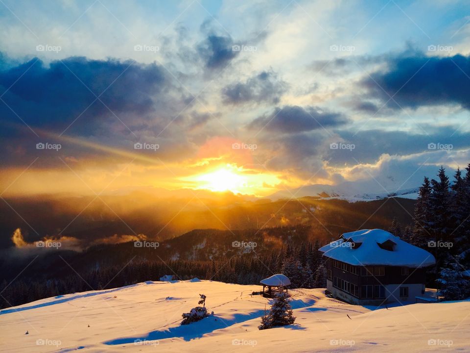 Sunset in the mountains in winter