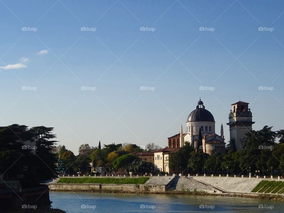 Landscape with trees and cathedral in Italy 