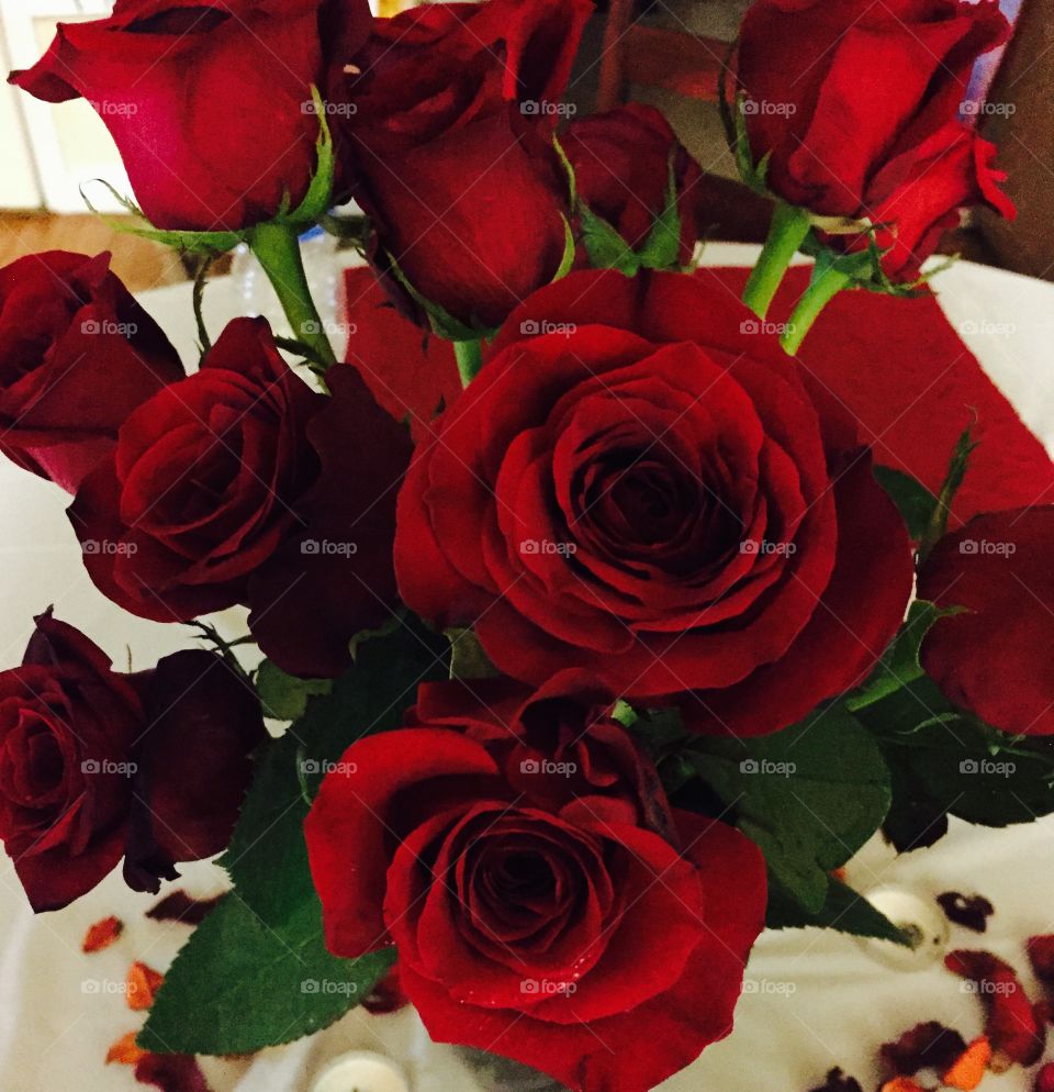 Stunning bouquet of red roses.