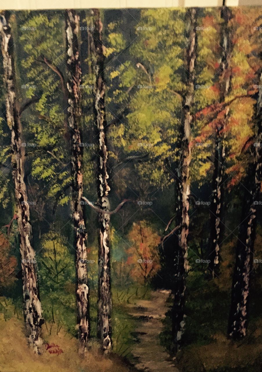 Trees, woods, bushes and an inviting path on a canvas done in oils. 
