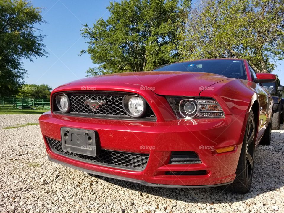 Red Ford Mustang on a rock road