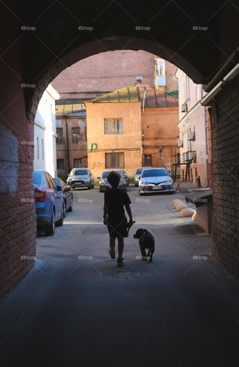 walking the dog down the street, the owner walks the weakling, teaches her, cleans up after her, educates, plays with his pet. people and dogs are best friends