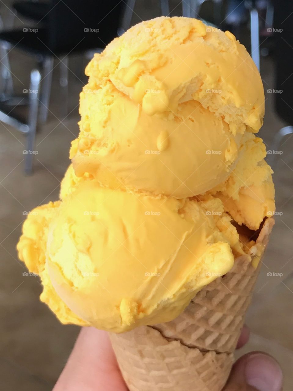 Yellow mango ice-cream in a waffle