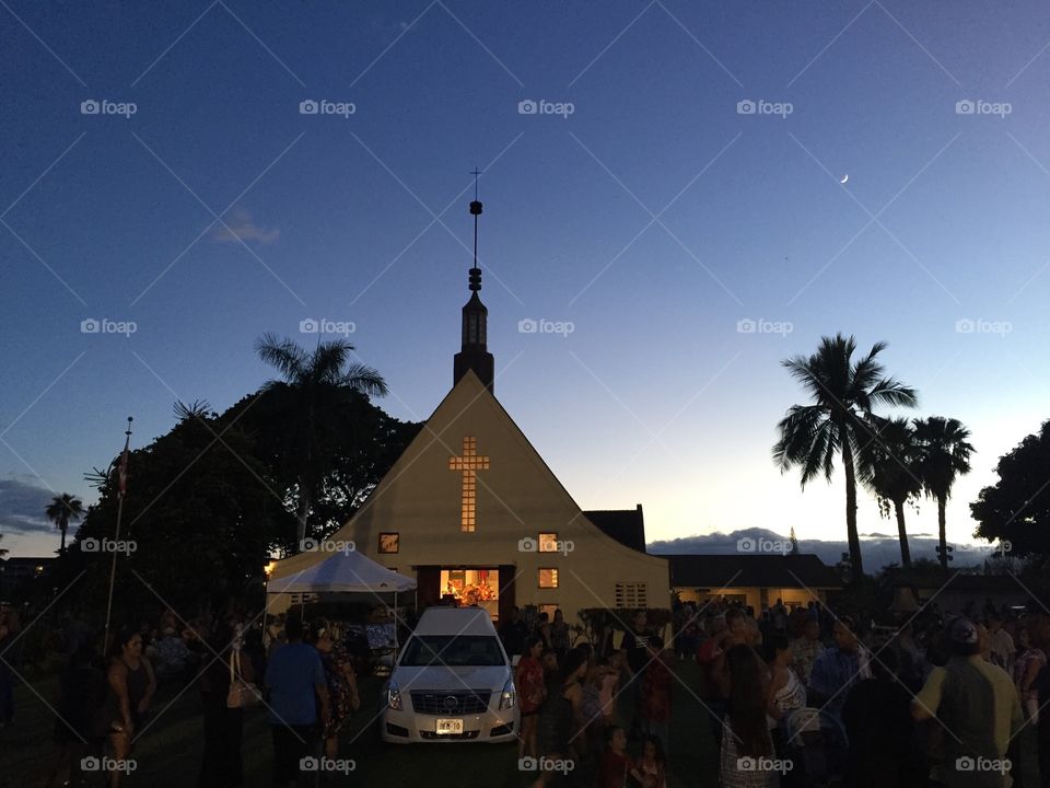 Funeral at small community church in Lahaina, Maui.