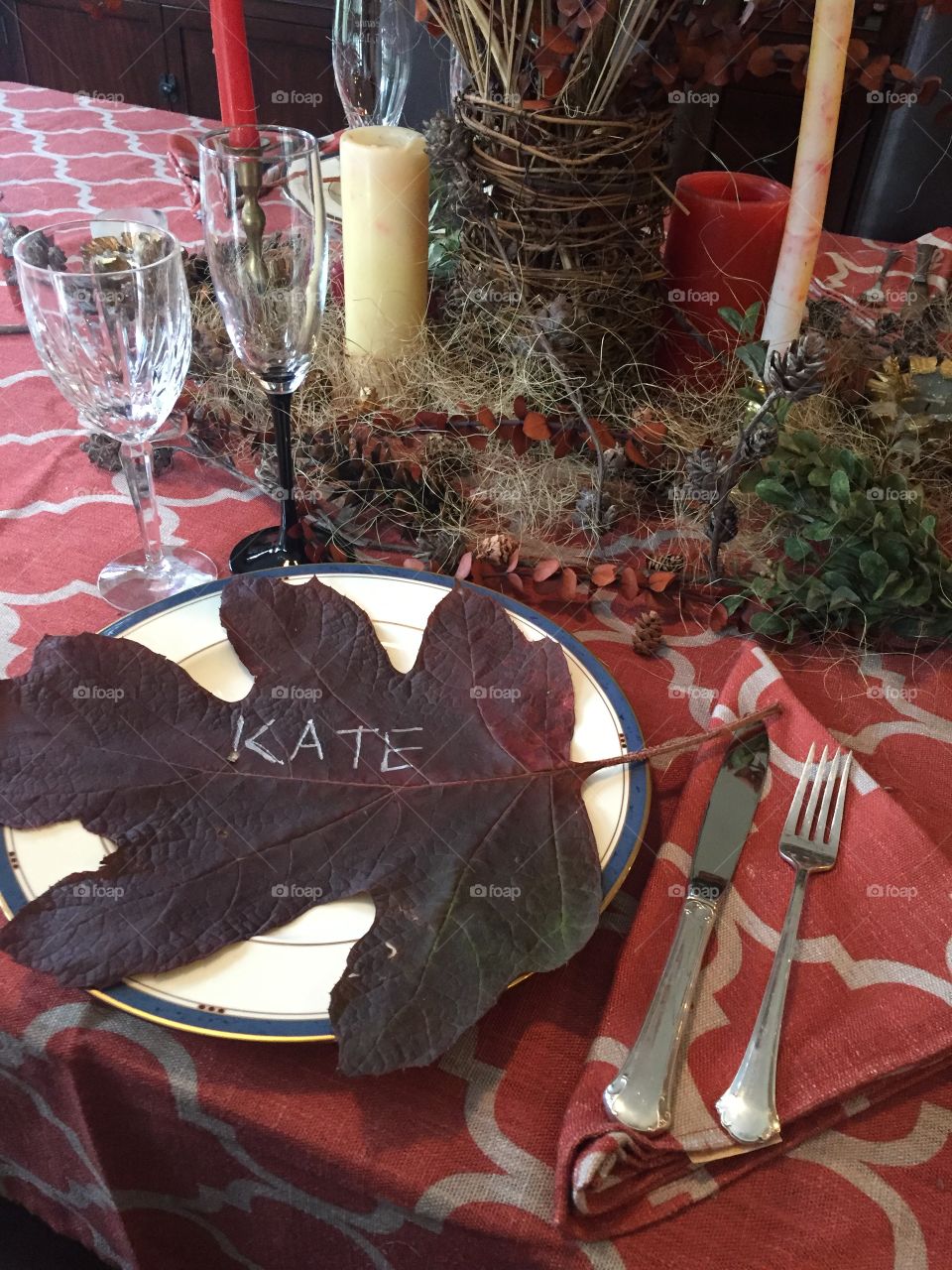 Thanksgiving dinner place setting. Used silver Sharpie pen to write on an Oak Leaf Hydrangea leaf.