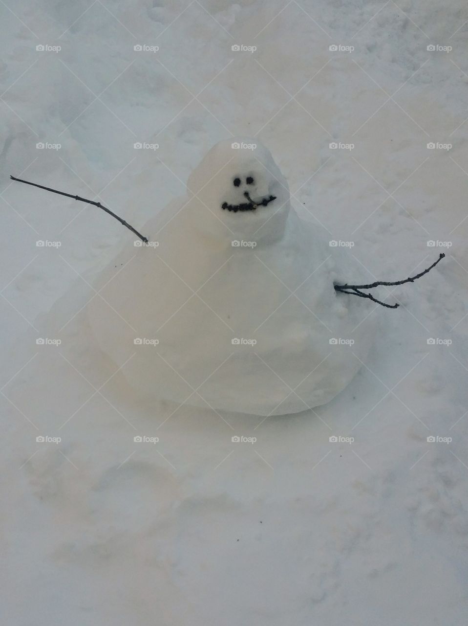 Funny little snowman with arms and face made with branches and surrounded with snow