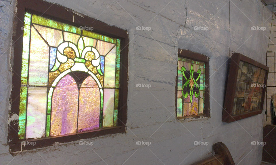 Holy City of the Wichitas. Stained glass windows in the church in the Wichita Mountains in Oklahoma. 