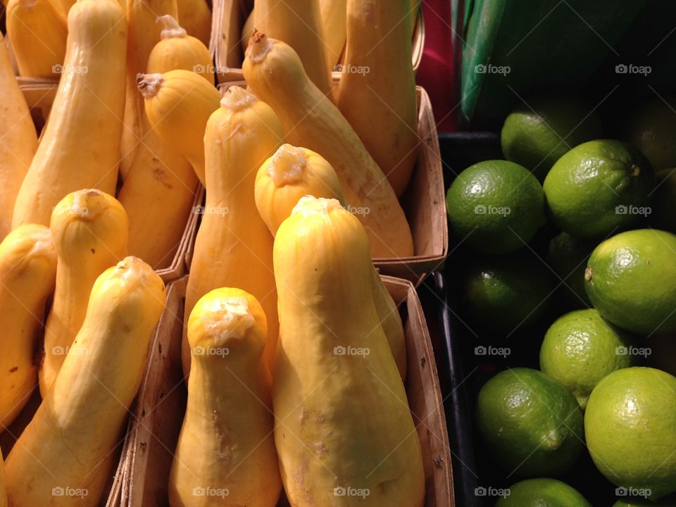 Fresh market vegetables, limes and squash