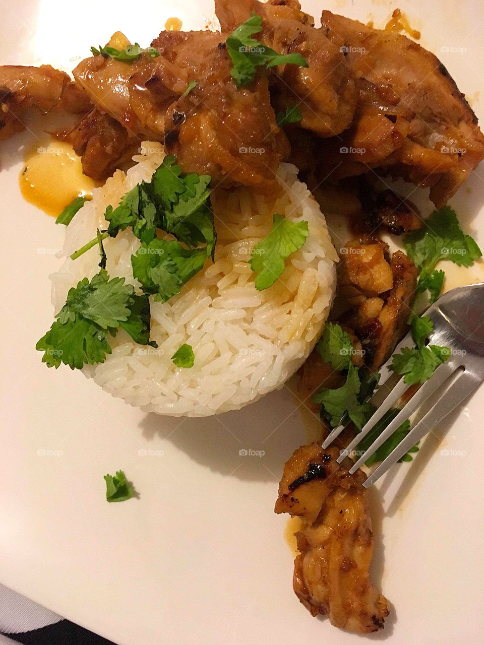 Sweet Thai chicken and sticky rice, absolutely delicious 
