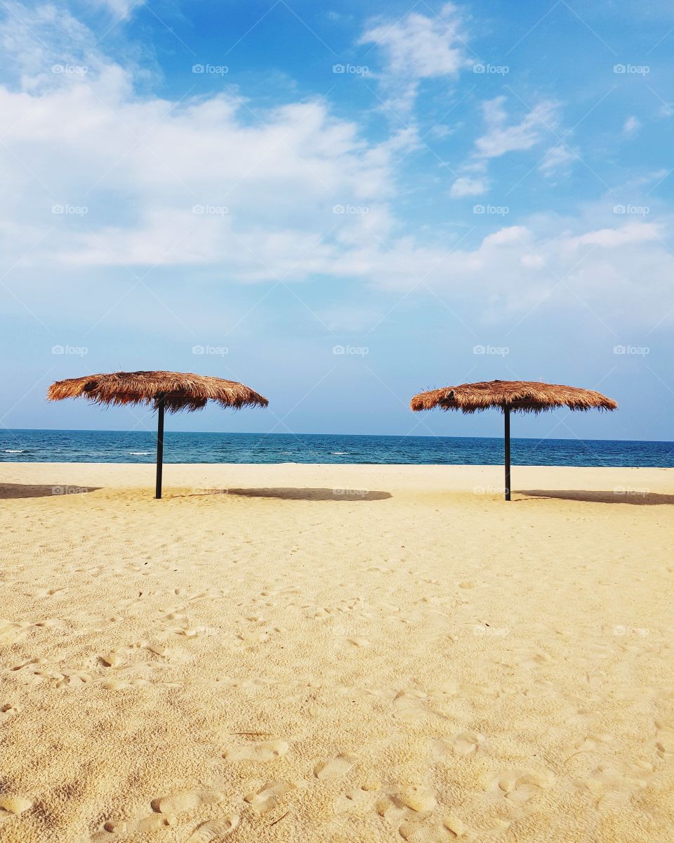 Leaf beach umbrellas on sandy beach