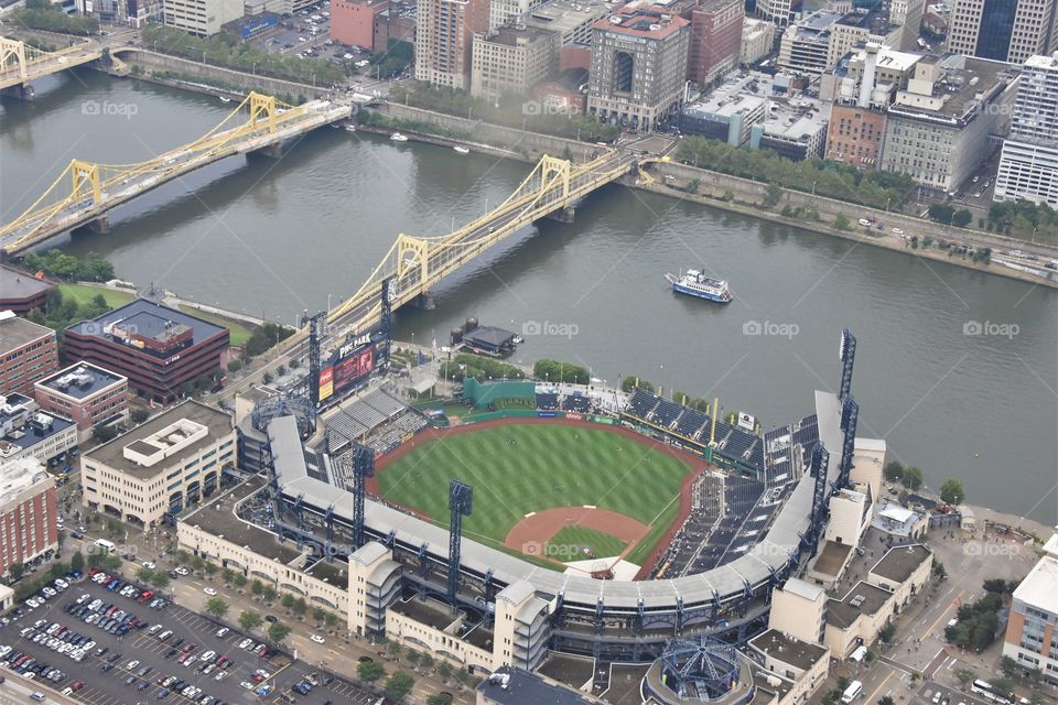 Aerial View of PNC Park, Pittsburgh Pirates’ Baseball Stadium located on Pittsburgh’s north shore 